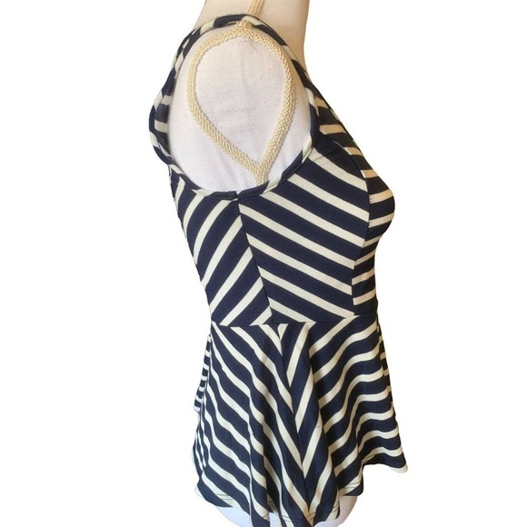 Green Envelope Casual Couture Peplum Top Blouse Nautical Blue White Striped Sz M - Picture 7 of 10